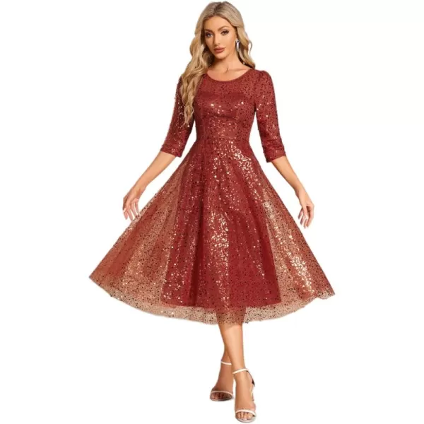 imageEverPretty Womens Round Neck 34 Sleeves Formal Dresses Sequin A Line Midi Wedding Guest Dress 02241Burnt Orange