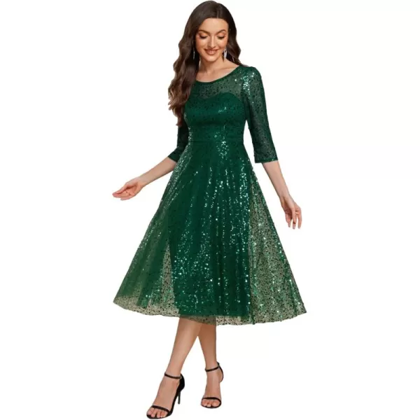 imageEverPretty Womens Round Neck 34 Sleeves Formal Dresses Sequin A Line Midi Wedding Guest Dress 02241Deep Green