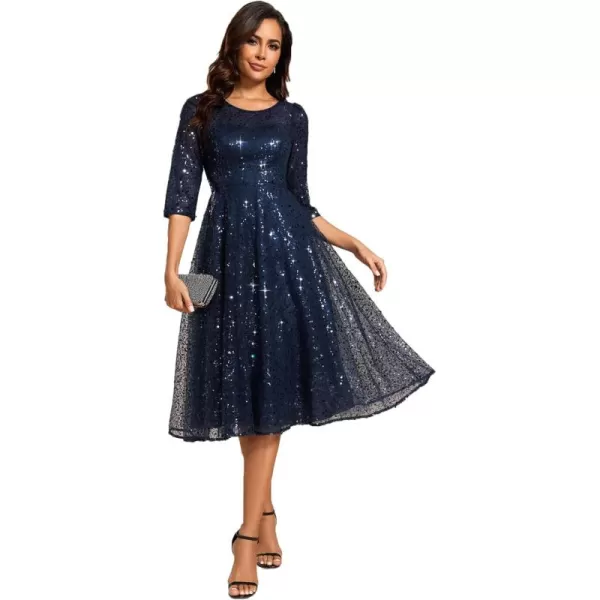 imageEverPretty Womens Round Neck 34 Sleeves Formal Dresses Sequin A Line Midi Wedding Guest Dress 02241Navy Blue