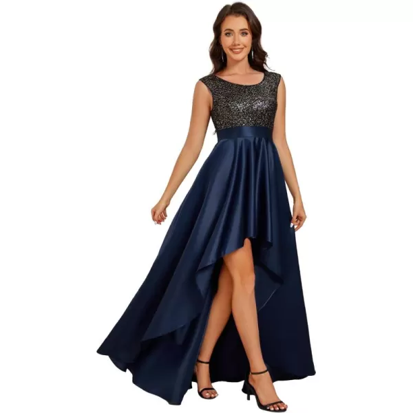 imageEverPretty Womens Round Neck Sleeveless Glitter Evening Dresses A Line High Low Formal Dresses 03667Navy Blue