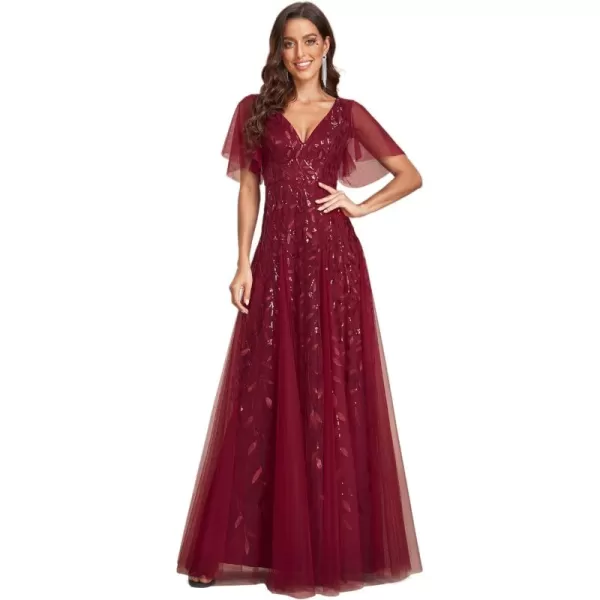 imageEverPretty Womens Sequin Sparkly VNeck Short Sleeve Maxi Evening Dress 00734Burgundy