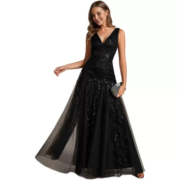 imageEverPretty Womens Sexy Sleeveless VNeck Evening Gowns Empire Waist Sequin Embroidery Formal DressBlack