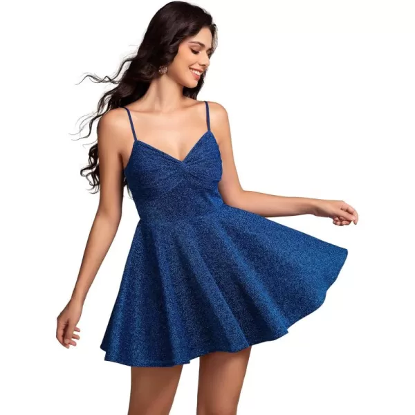 imageEverPretty Womens Spaghetti Straps V Neck Glitter Homecoming Dresses Pleated Mini Cocktail Dress 02243Sapphire Blue