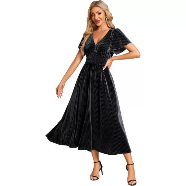 imageEverPretty Womens V Neck A Line Velvet Midi Dress Flutter Sleeve Ruched Bridesmaid Cocktail Party DressGrey Blue