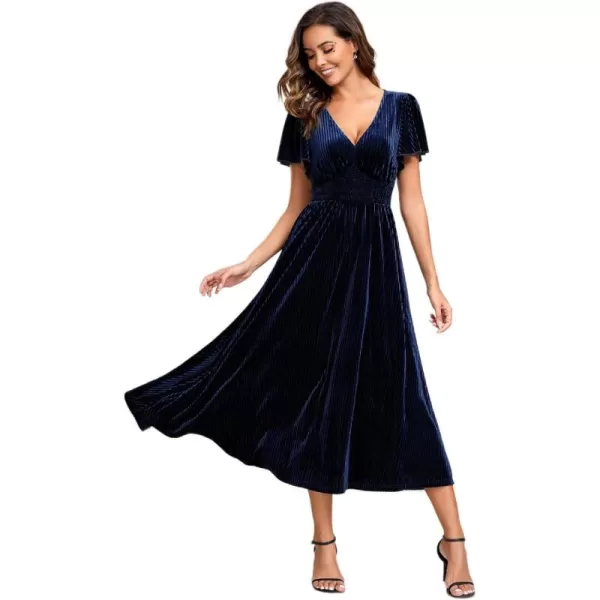 imageEverPretty Womens V Neck A Line Velvet Midi Dress Flutter Sleeve Ruched Bridesmaid Cocktail Party DressNavy Blue