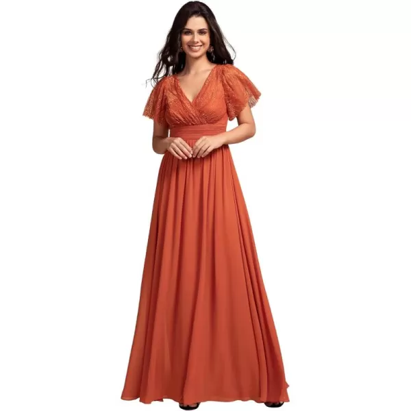 imageEverPretty Womens V Neck Short Sleeves Lace Embroidery Bridesmaid Dresses SeeThrough A Line Summer Dress 02196Burnt Orange