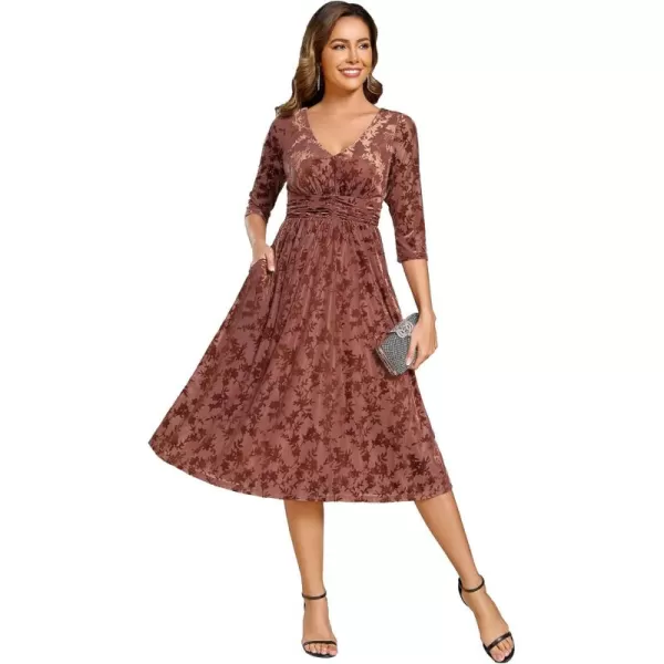 imageEverPretty Womens Velvet VNeck Elastic Waist A Line Long Sleeves Floral Print Formal Dresses with Pocket 02284Brown