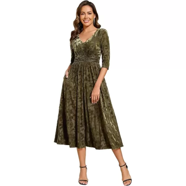 imageEverPretty Womens Velvet VNeck Elastic Waist A Line Long Sleeves Floral Print Formal Dresses with Pocket 02284Olive Green