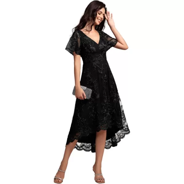 imageEverPretty Womens Wedding Guest Dress V Neck Ruffles Sleeves Embroidery High Low Formal Dresses 02255Black