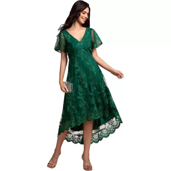 imageEverPretty Womens Wedding Guest Dress V Neck Ruffles Sleeves Embroidery High Low Formal Dresses 02255Dark Green