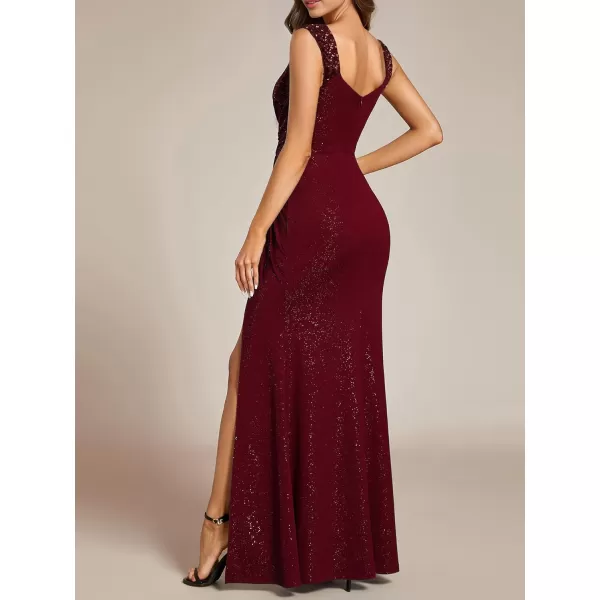 imageEverPretty Glitter Evening Dresses Womens V Neck High Slit Sequin Shoulder Strap Maxi Formal Dress 01888Burgundy