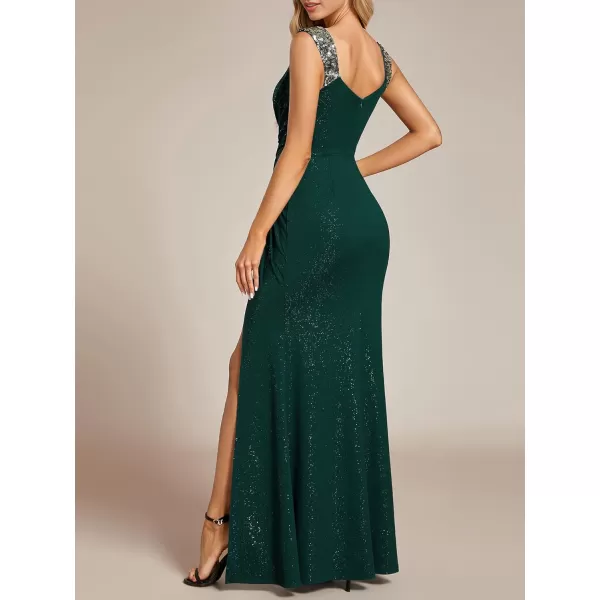 imageEverPretty Glitter Evening Dresses Womens V Neck High Slit Sequin Shoulder Strap Maxi Formal Dress 01888Dark Green