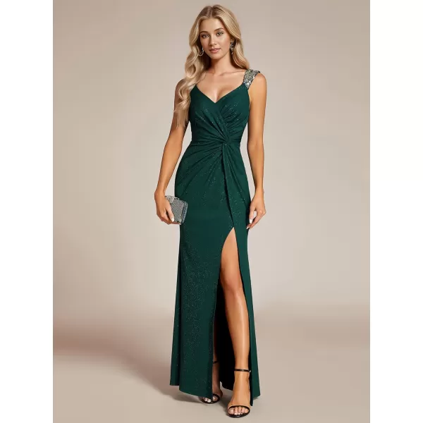 imageEverPretty Glitter Evening Dresses Womens V Neck High Slit Sequin Shoulder Strap Maxi Formal Dress 01888Dark Green