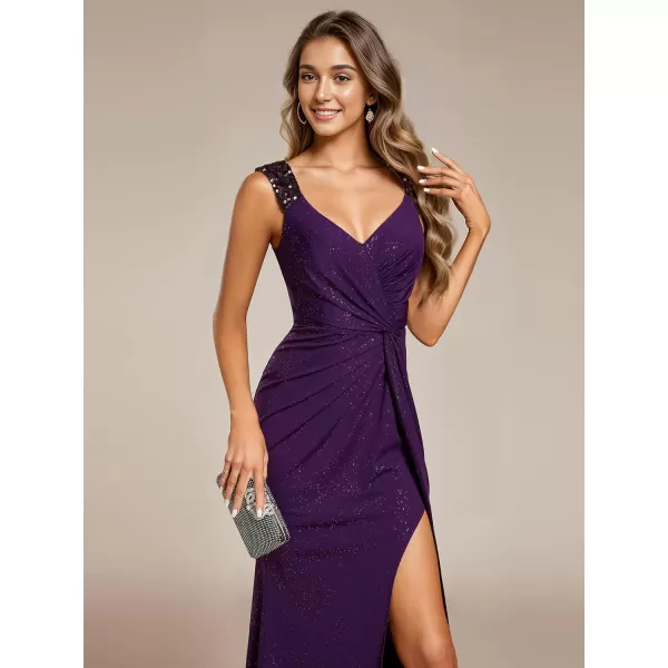 imageEverPretty Glitter Evening Dresses Womens V Neck High Slit Sequin Shoulder Strap Maxi Formal Dress 01888Deep Purple