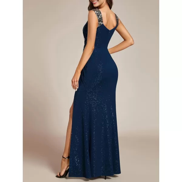 imageEverPretty Glitter Evening Dresses Womens V Neck High Slit Sequin Shoulder Strap Maxi Formal Dress 01888Navy Blue