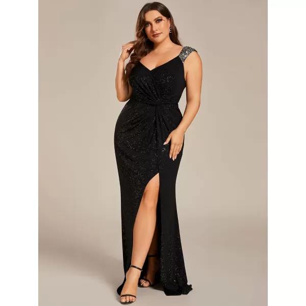 imageEverPretty VNeck High Slit Glitter Bodycon Plus Size Ball Gowns Formal Evening Dresses for Curvy Women 01888DABlack