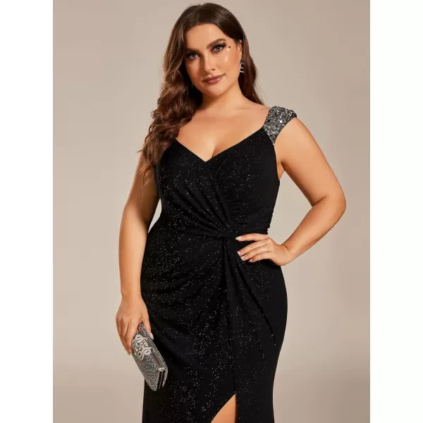 imageEverPretty VNeck High Slit Glitter Bodycon Plus Size Ball Gowns Formal Evening Dresses for Curvy Women 01888DABlack