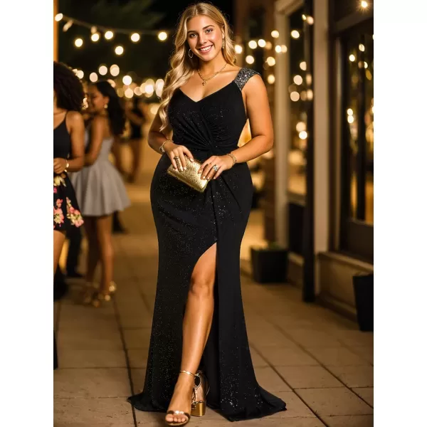 imageEverPretty VNeck High Slit Glitter Bodycon Plus Size Ball Gowns Formal Evening Dresses for Curvy Women 01888DABlack