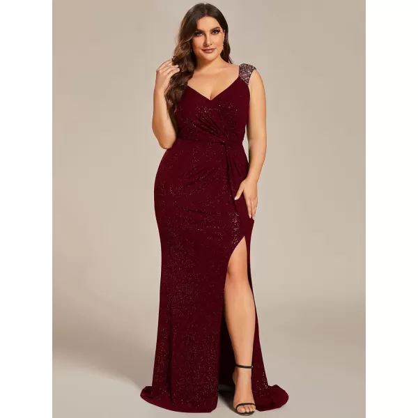 imageEverPretty VNeck High Slit Glitter Bodycon Plus Size Ball Gowns Formal Evening Dresses for Curvy Women 01888DABurgundy