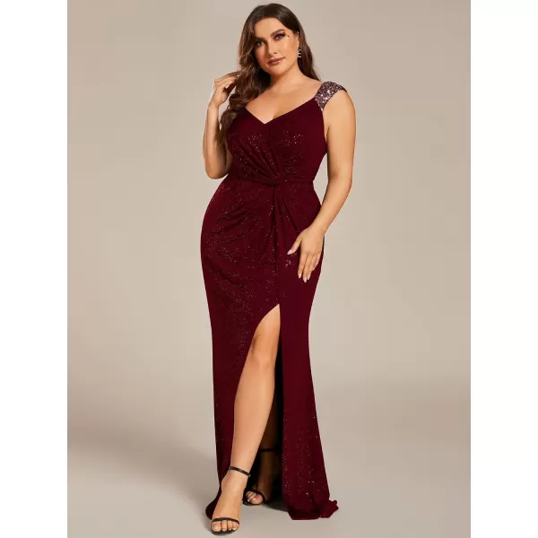 imageEverPretty VNeck High Slit Glitter Bodycon Plus Size Ball Gowns Formal Evening Dresses for Curvy Women 01888DABurgundy