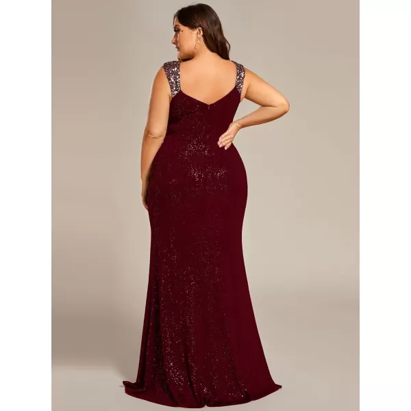 imageEverPretty VNeck High Slit Glitter Bodycon Plus Size Ball Gowns Formal Evening Dresses for Curvy Women 01888DABurgundy