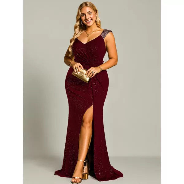 imageEverPretty VNeck High Slit Glitter Bodycon Plus Size Ball Gowns Formal Evening Dresses for Curvy Women 01888DABurgundy