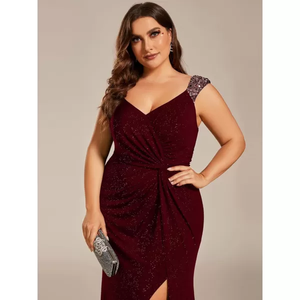 imageEverPretty VNeck High Slit Glitter Bodycon Plus Size Ball Gowns Formal Evening Dresses for Curvy Women 01888DABurgundy