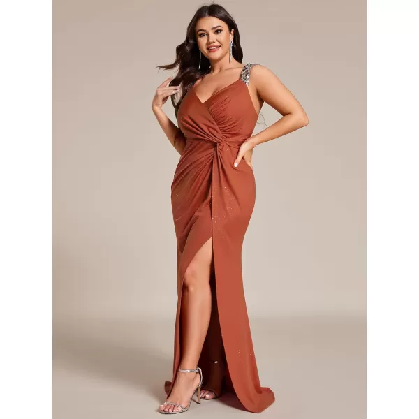 imageEverPretty VNeck High Slit Glitter Bodycon Plus Size Ball Gowns Formal Evening Dresses for Curvy Women 01888DABurnt Orange