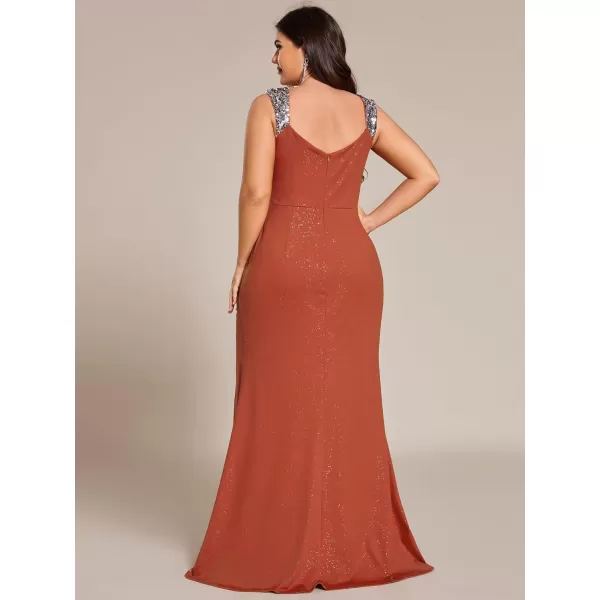 imageEverPretty VNeck High Slit Glitter Bodycon Plus Size Ball Gowns Formal Evening Dresses for Curvy Women 01888DABurnt Orange