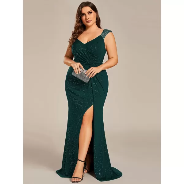 imageEverPretty VNeck High Slit Glitter Bodycon Plus Size Ball Gowns Formal Evening Dresses for Curvy Women 01888DADark Green