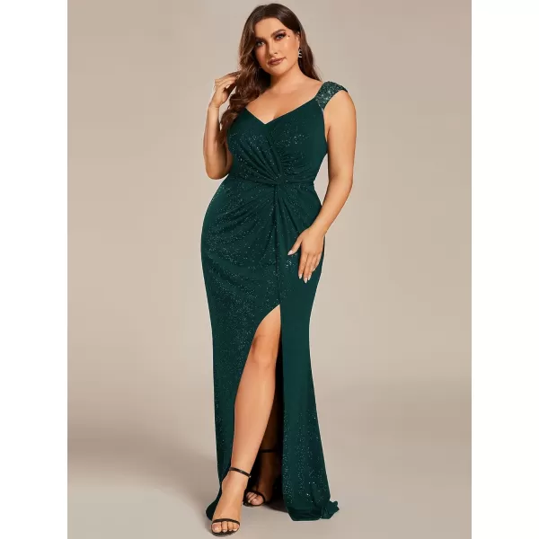 imageEverPretty VNeck High Slit Glitter Bodycon Plus Size Ball Gowns Formal Evening Dresses for Curvy Women 01888DADark Green