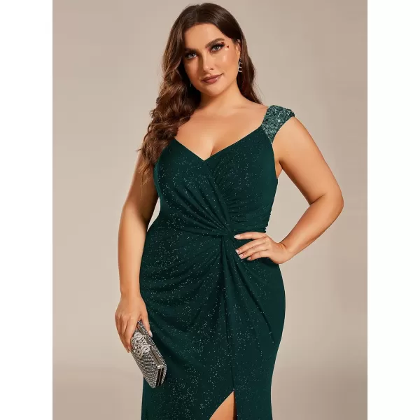 imageEverPretty VNeck High Slit Glitter Bodycon Plus Size Ball Gowns Formal Evening Dresses for Curvy Women 01888DADark Green