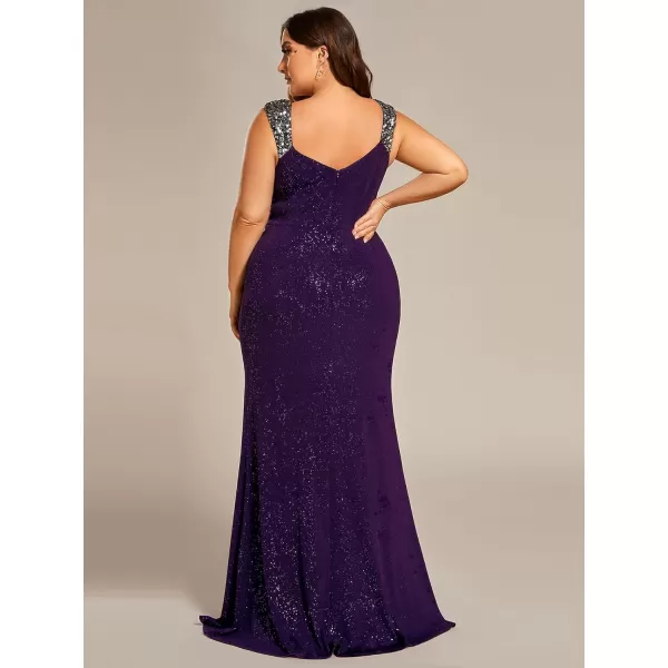 imageEverPretty VNeck High Slit Glitter Bodycon Plus Size Ball Gowns Formal Evening Dresses for Curvy Women 01888DADeep Purple