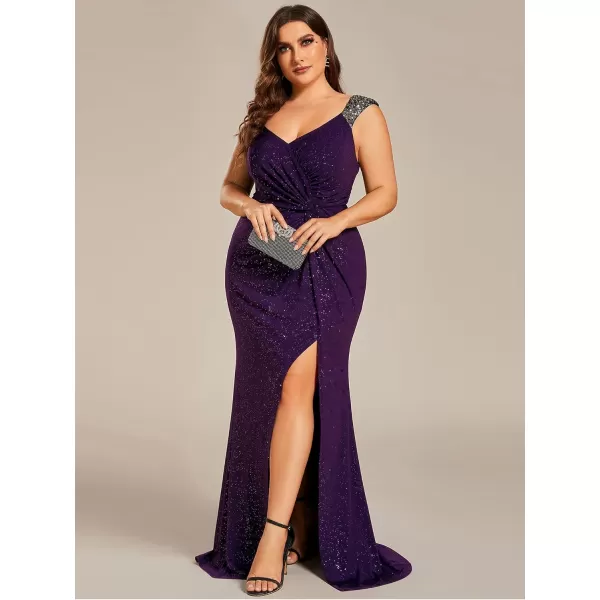 imageEverPretty VNeck High Slit Glitter Bodycon Plus Size Ball Gowns Formal Evening Dresses for Curvy Women 01888DADeep Purple