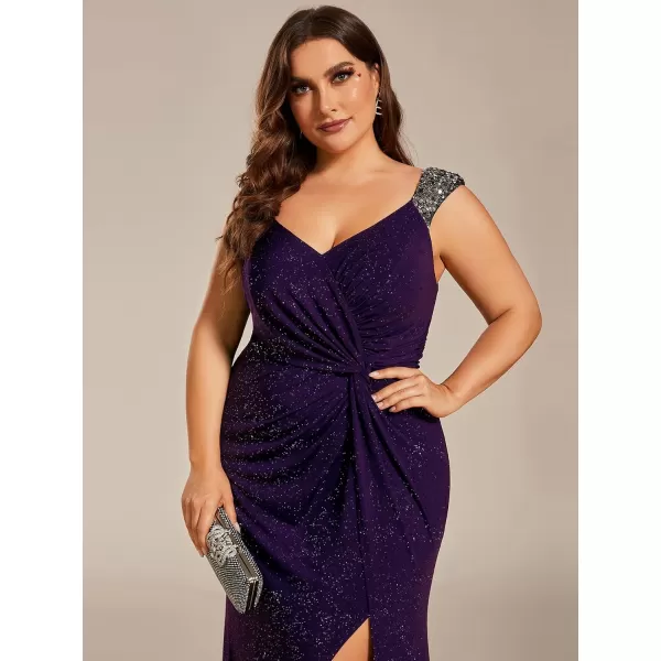 imageEverPretty VNeck High Slit Glitter Bodycon Plus Size Ball Gowns Formal Evening Dresses for Curvy Women 01888DADeep Purple