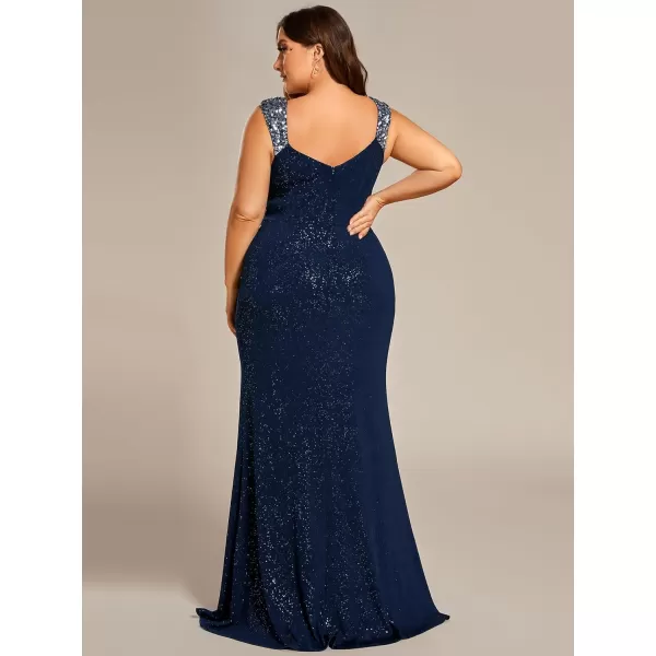 imageEverPretty VNeck High Slit Glitter Bodycon Plus Size Ball Gowns Formal Evening Dresses for Curvy Women 01888DANavy Blue