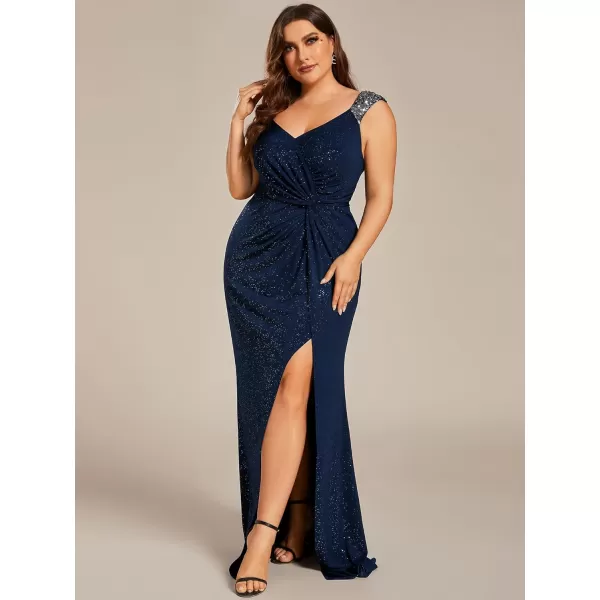 imageEverPretty VNeck High Slit Glitter Bodycon Plus Size Ball Gowns Formal Evening Dresses for Curvy Women 01888DANavy Blue