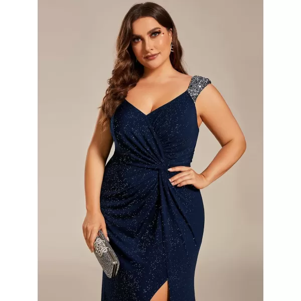 imageEverPretty VNeck High Slit Glitter Bodycon Plus Size Ball Gowns Formal Evening Dresses for Curvy Women 01888DANavy Blue