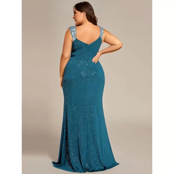 imageEverPretty VNeck High Slit Glitter Bodycon Plus Size Ball Gowns Formal Evening Dresses for Curvy Women 01888DATeal