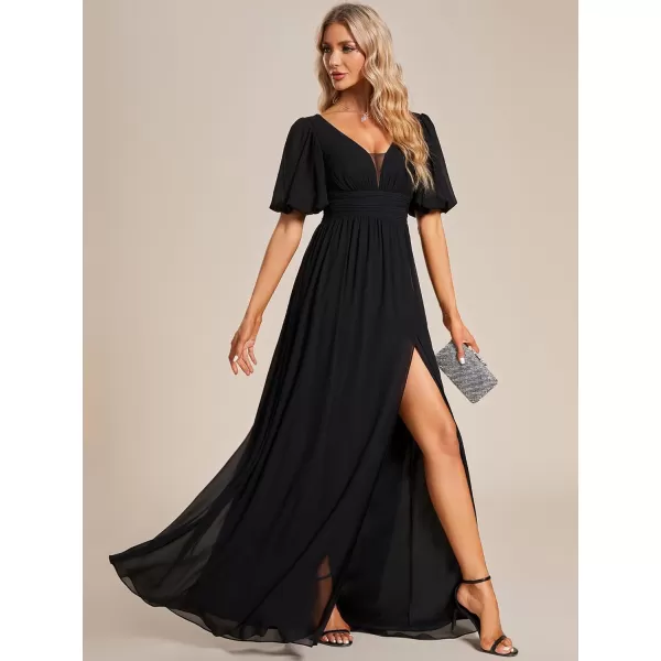 imageEverPretty Womens Double VNeck Puffy Sleeves Side Slit Chiffon ALine Floor Length Evening Dresses 01385Black