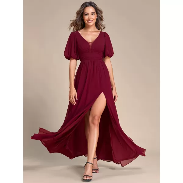 imageEverPretty Womens Double VNeck Puffy Sleeves Side Slit Chiffon ALine Floor Length Evening Dresses 01385Burgundy