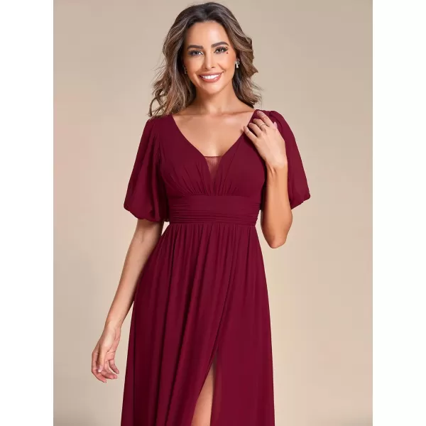 imageEverPretty Womens Double VNeck Puffy Sleeves Side Slit Chiffon ALine Floor Length Evening Dresses 01385Burgundy