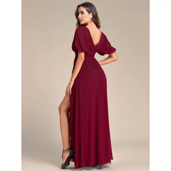 imageEverPretty Womens Double VNeck Puffy Sleeves Side Slit Chiffon ALine Floor Length Evening Dresses 01385Burgundy