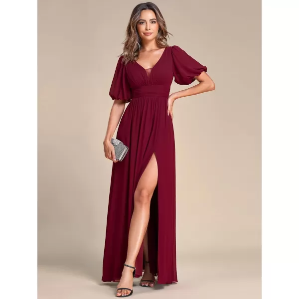 imageEverPretty Womens Double VNeck Puffy Sleeves Side Slit Chiffon ALine Floor Length Evening Dresses 01385Burgundy