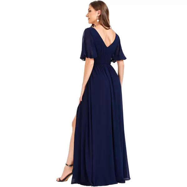 imageEverPretty Womens Double VNeck Puffy Sleeves Side Slit Chiffon ALine Floor Length Evening Dresses 01385Navy Blue