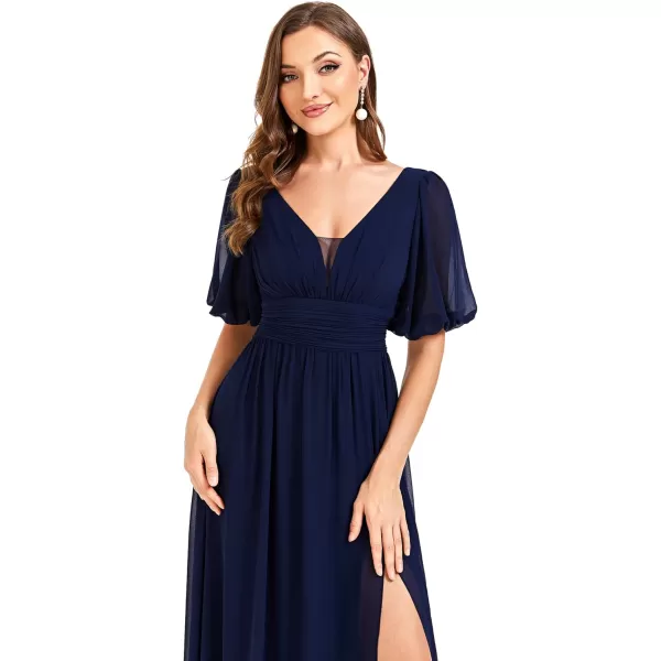 imageEverPretty Womens Double VNeck Puffy Sleeves Side Slit Chiffon ALine Floor Length Evening Dresses 01385Navy Blue