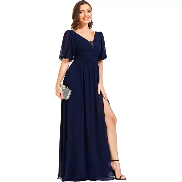 imageEverPretty Womens Double VNeck Puffy Sleeves Side Slit Chiffon ALine Floor Length Evening Dresses 01385Navy Blue