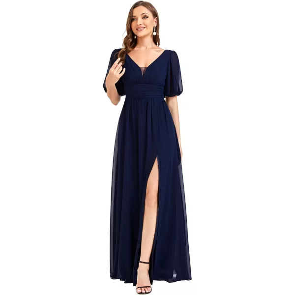 imageEverPretty Womens Double VNeck Puffy Sleeves Side Slit Chiffon ALine Floor Length Evening Dresses 01385Navy Blue