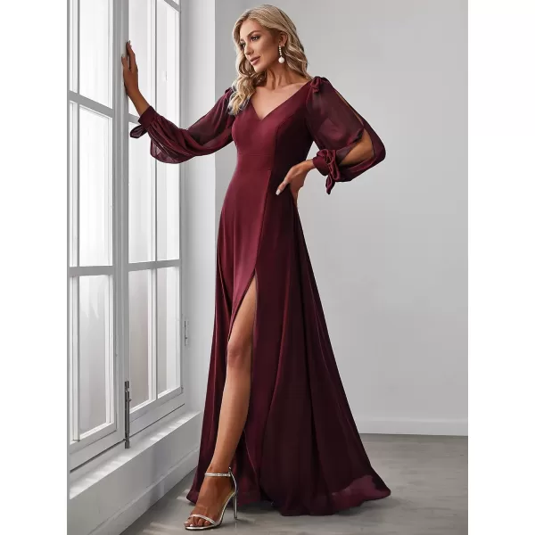 imageEverPretty Womens Elegant Double V Neck Long Sleeve Formal Dress High Waist Split Formal Evening Gowns 80116Burgundy