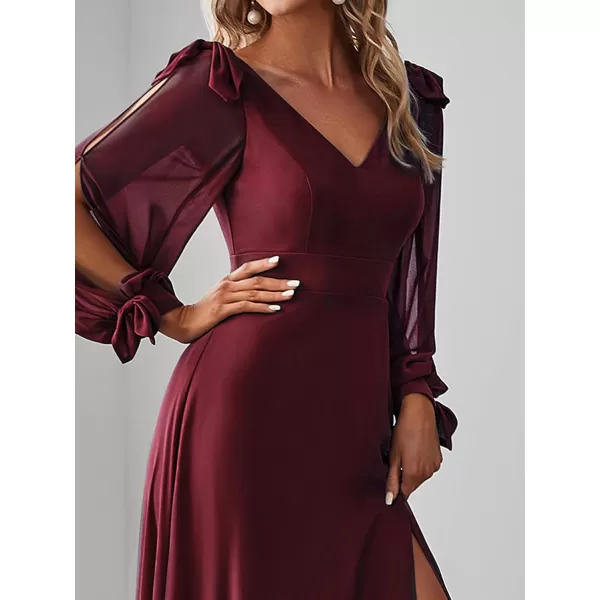 imageEverPretty Womens Elegant Double V Neck Long Sleeve Formal Dress High Waist Split Formal Evening Gowns 80116Burgundy